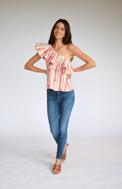 ONE SHOULDER TOP - RED STRIPE EMBROIDERY