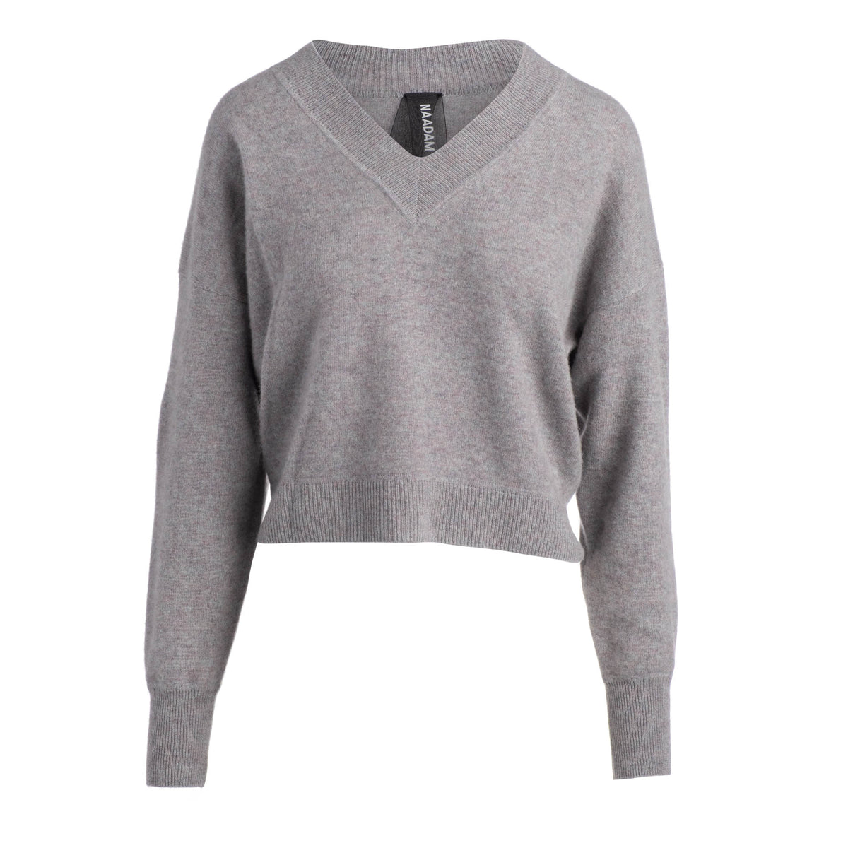 V NECK CROPPED CREW PULLOVER - MARIED GRAY